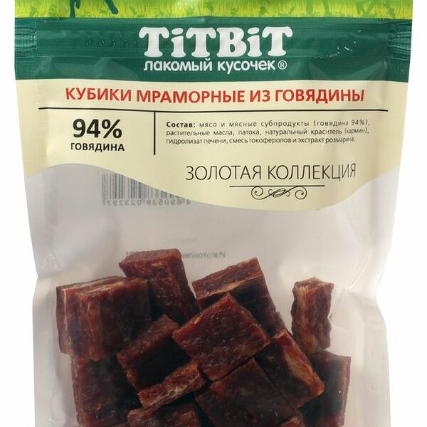 Лакомство TitBit Золотая коллекция Кубики мраморные Говядина для собак, 80 г