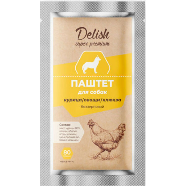 Delish Super Premium консервы для собак, паштет с курицей овощами и клюквой 80 г