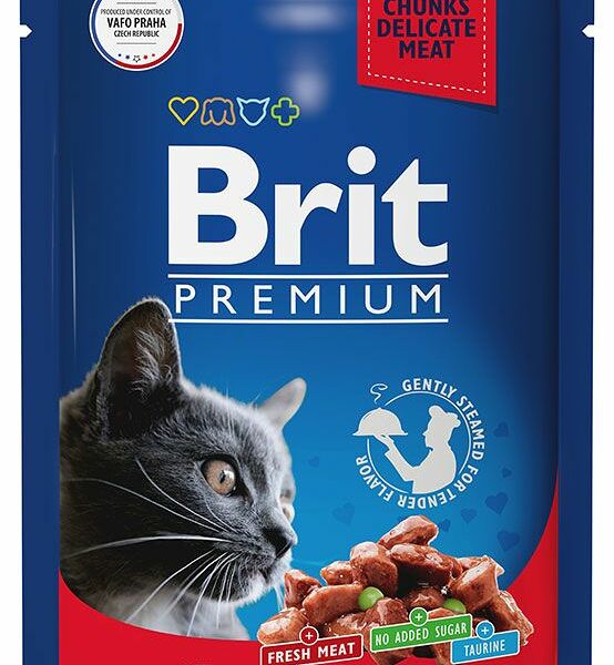 Влажный корм Brit Premium пауч для кошек (кусочки в соусе) Говядина и горошек