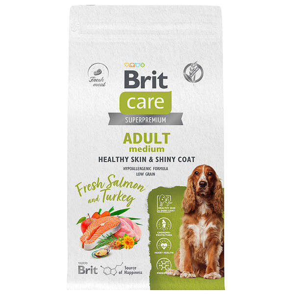 Сухой корм для собак Brit Care Dog Adult Healthy Skin&Shiny лосось, индейка для средних пород