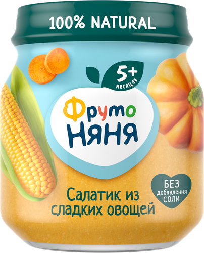 

Пюре овощное ФрутоНяня Салатик из сладких овощей, кукуруза, тыква и морковь, с 5 месяцев