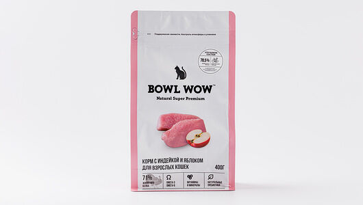 Корм сухой для кошек Bowl Wow с индейкой, курицей и добавлением яблока, 400г