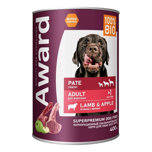 Влажный корм AWARD Adult Pate для взрослых собак всех пород паштет из ягненка с яблоком 400г