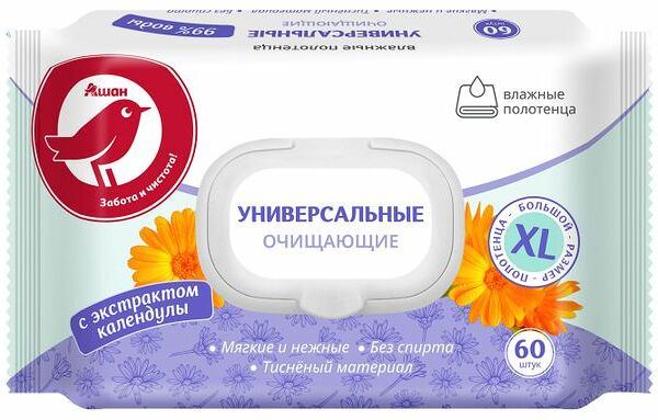 Полотенца влажные АШАН Красная птица универсальные XL, 60 шт