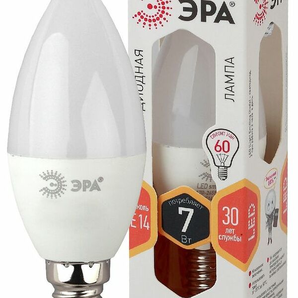 Лампа светодиодная Эра E14 2700K теплый свет, свеча B35, 7 Вт