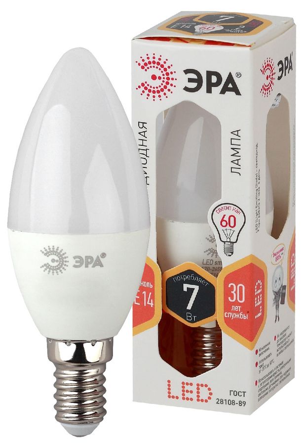 

Лампа светодиодная Эра E14 2700 K теплый свет свеча B35 7 Вт
