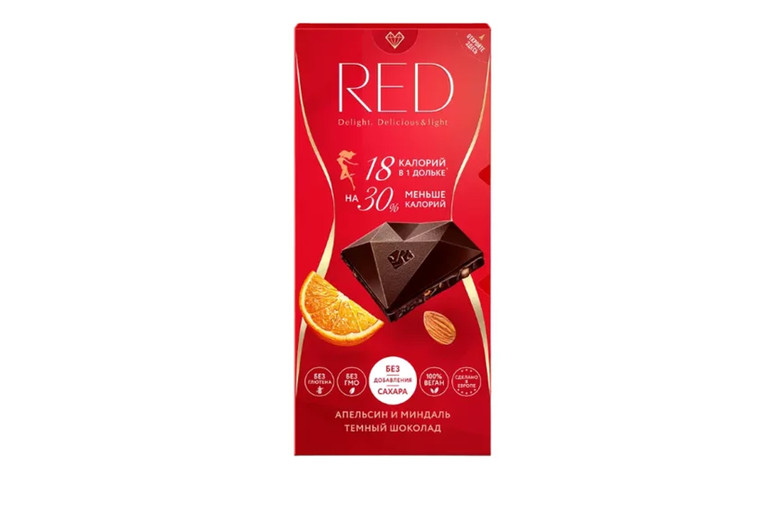 

Шоколад тёмный Red Delight с апельсином и миндалём без глютена 45% 85 г