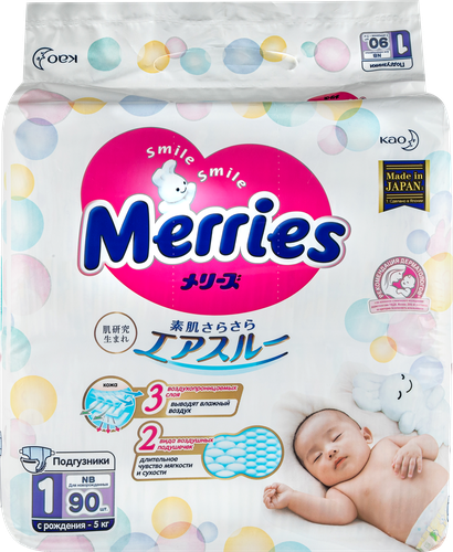 

Подгузники для новорожденных Merries размер NB до 5 кг 90 шт.