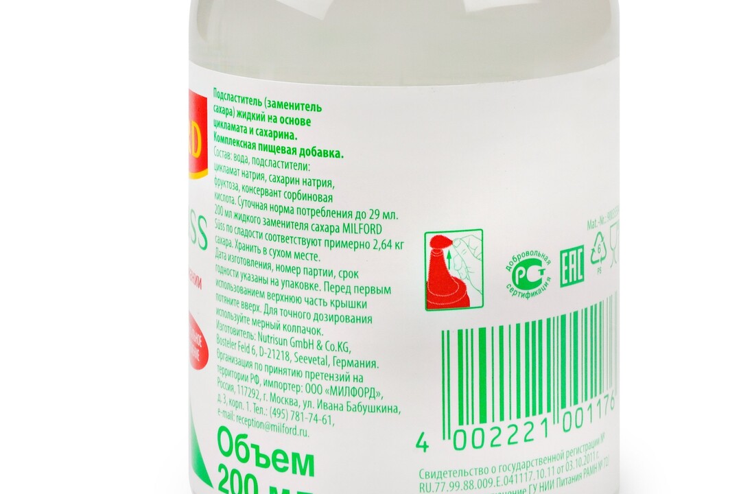 

Подсластитель жидкий Milford на основе цикламата и сахарина 200 мл