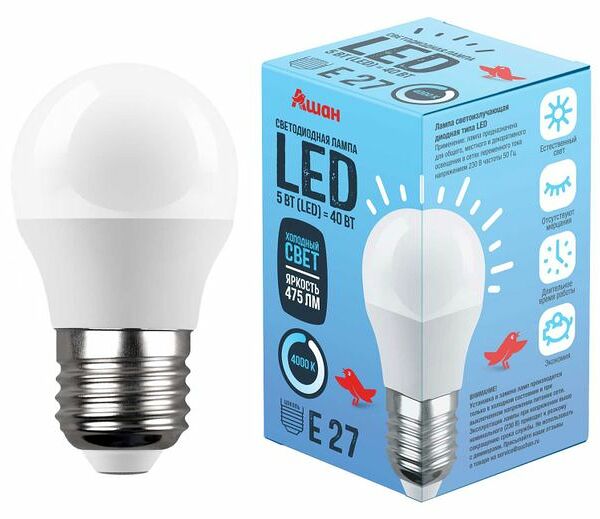 Лампа светодиодная АШАН Красная птица Шар Е27 холодный свет, 5 Вт