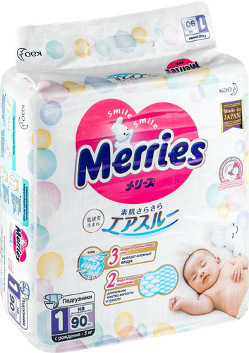 

Подгузники для новорожденных Merries размер NB до 5 кг 90 шт.