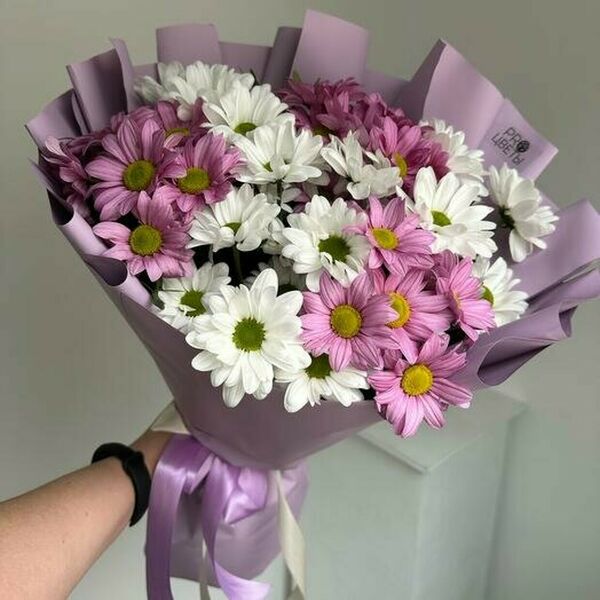 Букет из 7 хризантем с оформлением