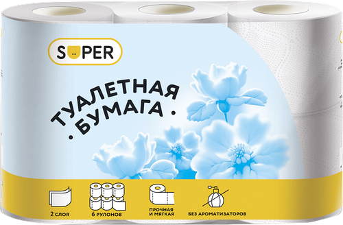 Бумага туалетная Super 2-слойная белая 6 шт.