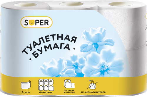 

Бумага туалетная Super 2-слойная белая 6 шт.