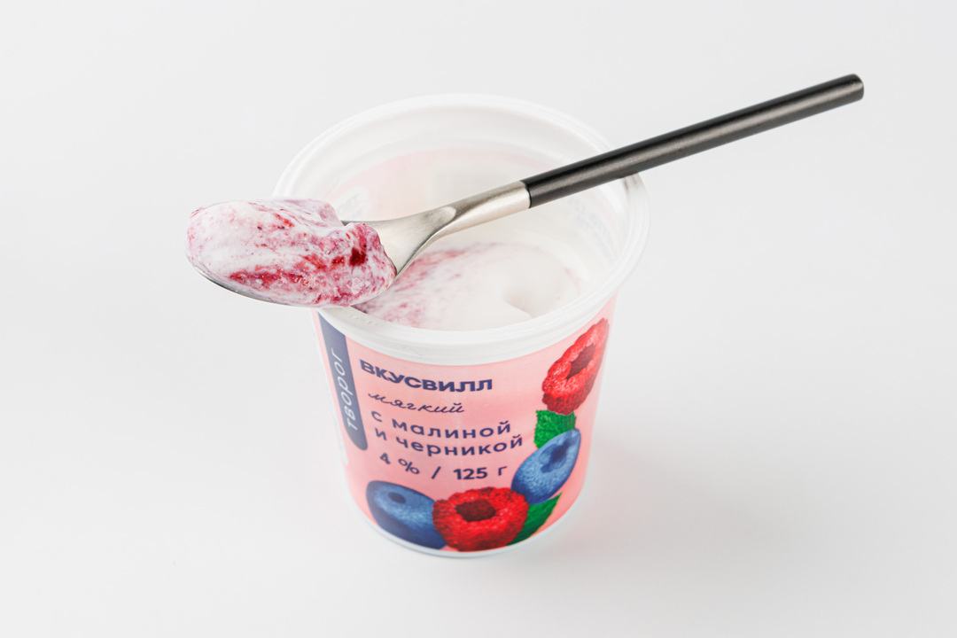 

Творог мягкий с малиной и черникой ВкусВилл 4%, 125г