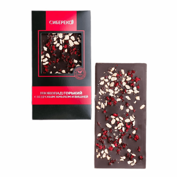 Шоколад Сибереко молочный с кедровым жмыхом и вишней