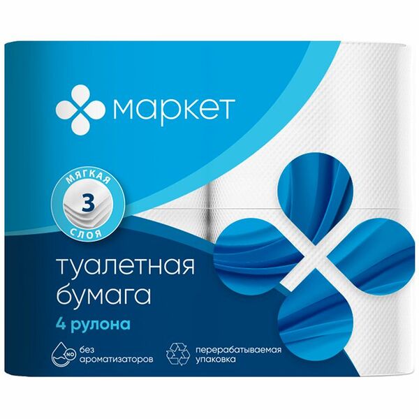 Бумага туалетная Маркет белая не ароматизированная 3 слоя 4 шт