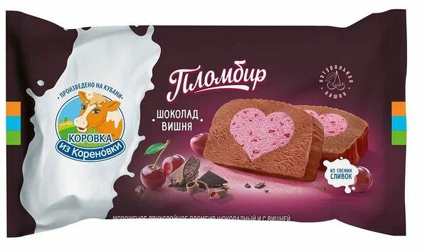 Мороженое Коровка Из Кореновки двухслойное пломбир шоколадный с вишней 15% 200г