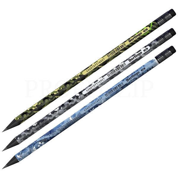 Карандаш чернографитный BERLINGO Military, HB, круглый, с ластиком, Арт. 299345, в ассортименте