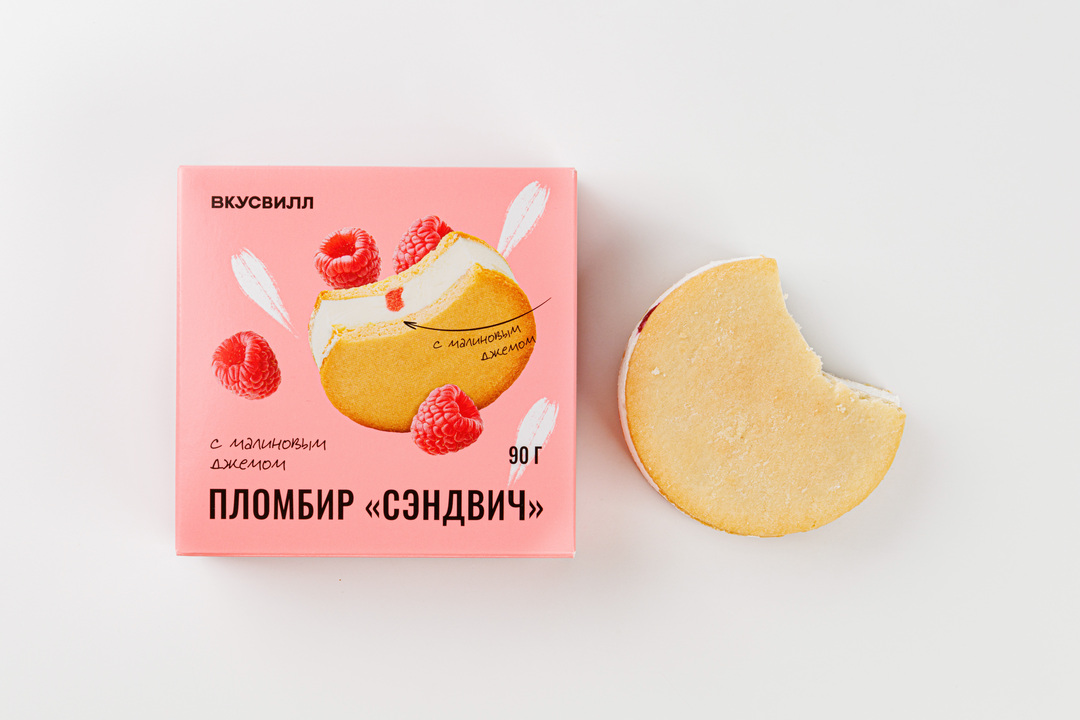 

Пломбир ВкусВилл с малиновым джемом "Сэндвич" (Продукт замороженный) 90 г