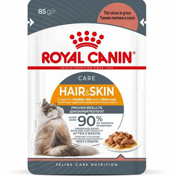 Влажный корм для взрослых кошек Royal Canin Hair&Skin Care для поддержания здоровья кожи и красоты шерсти, тонкие ломтики в соусе 85 г