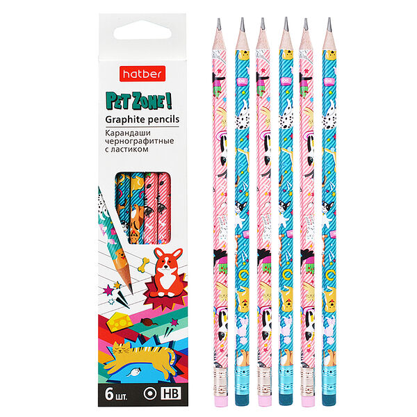 Набор карандашей чернографитных Hatber PetZone Ассорти HB, 6 шт.