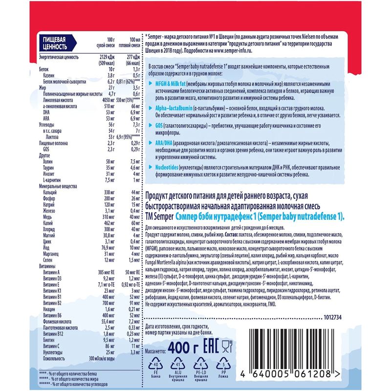 

Молочная смесь сухая Semper Nutradefense Baby 1 0-6 месяцев 400 г