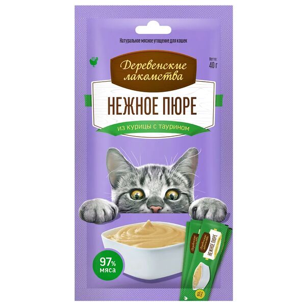 Деревенские лакомства Нежное пюре лакомство для кошек (4х10 г.) Курица