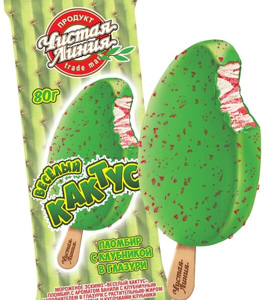 Мороженое Чистая Линия Кактус пломбир с клубникой в глазури 80г
