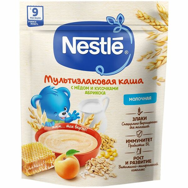 Каша молочная Nestlе мультизлаковая с мёдом и кусочками абрикоса с 9 мес.