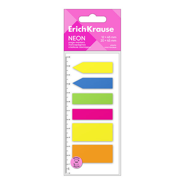 Закладки пластиковые Erich Krause Neon клейкие ассорти 12 x 45 мм, 20 x 45 мм, 5 цветов, 150 л