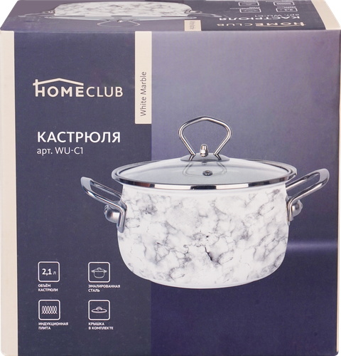 

Кастрюля со стеклянной крышкой HOMECLUB White Marble эмалированная, 2.1 л