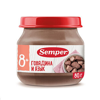 Пюре Semper говядина с языком с 8 месяцев 80г, Россия