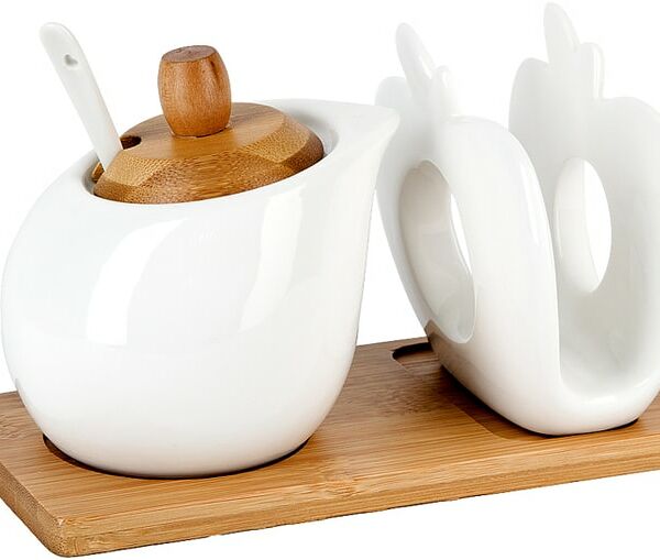 Сахарница Nouvelle Home Naturel с ложкой + Салфетница на бамбуковой подставке 18*11*11см 300мл