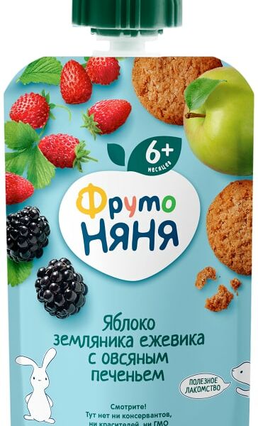 Пюре ФрутоНяня Яблоко земляника ежевика с овсяным печеньем 90г