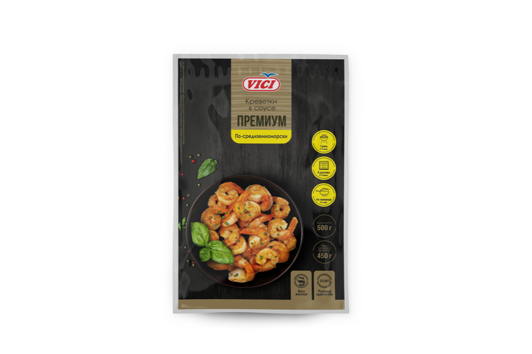 

Креветки белоногие Vici Премиум по-средиземноморски очищенные в соусе замороженные 500 г