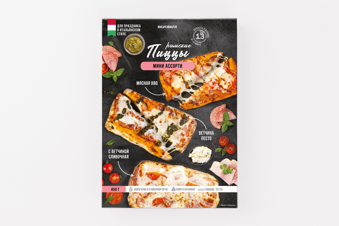 

Пиццы ВкусВилл Римские мини ассорти: Мясная BBQ, Ветчина песто, С ветчиной сливочная, заморозка 450 г