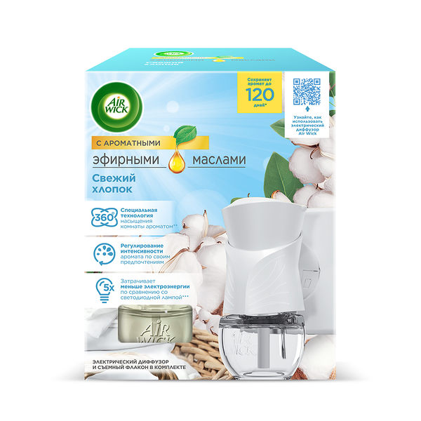 Диффузор Air Wick электрический свежий хлопок комплект 19 мл