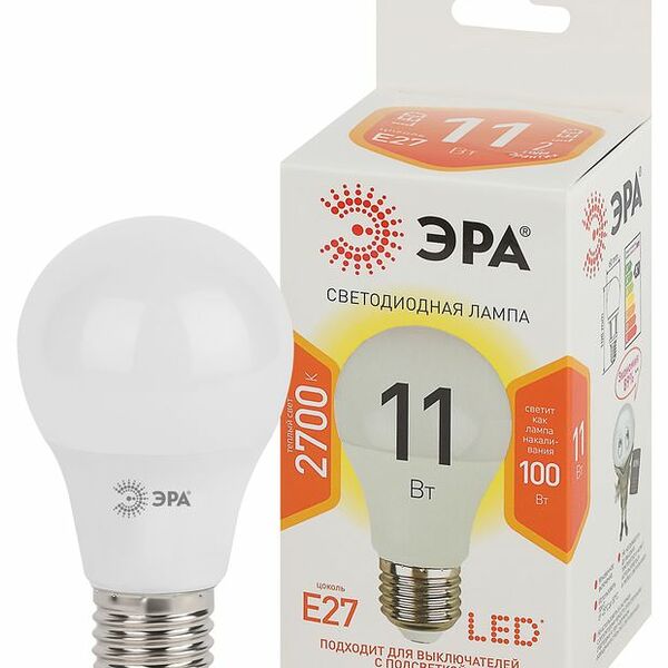 Лампа светодиодная Эра Е27 2700К теплый свет, груша A60, 11 Вт