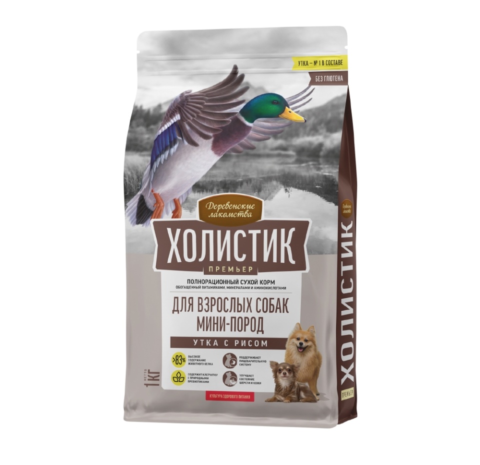 

Сухой корм для собак Деревенские лакомства Холистик Премьер мелких пород с уткой и рисом 1000 г