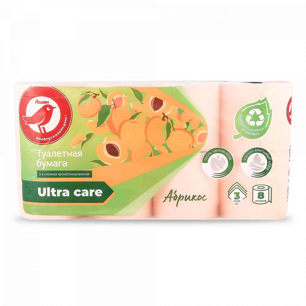 Туалетная бумага Ашан Красная птица Абрикос 3 слоя, 8 рулонов