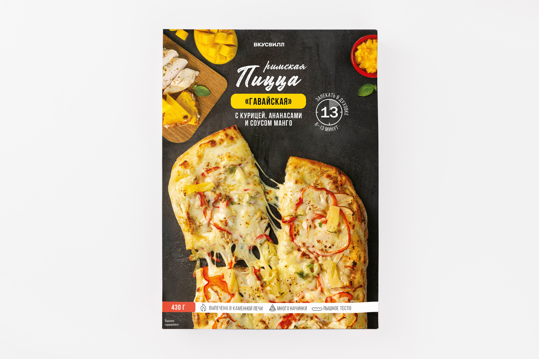 

Пицца римская ВкусВилл Гавайская с курицей, ананасами и соусом манго замороженная 430 г