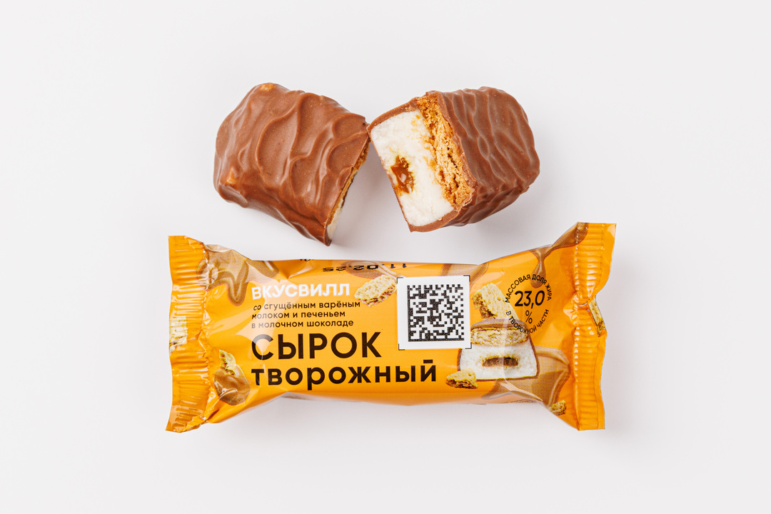 

Сырок творожный ВкусВилл со сгущенным вареным молоком и печеньем в молочном шоколаде 23% 45 г