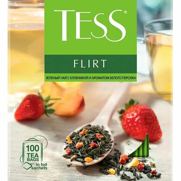 Чай зеленый Tess Flirt с клубникой и ароматом белого персика 100 х 1.5 г