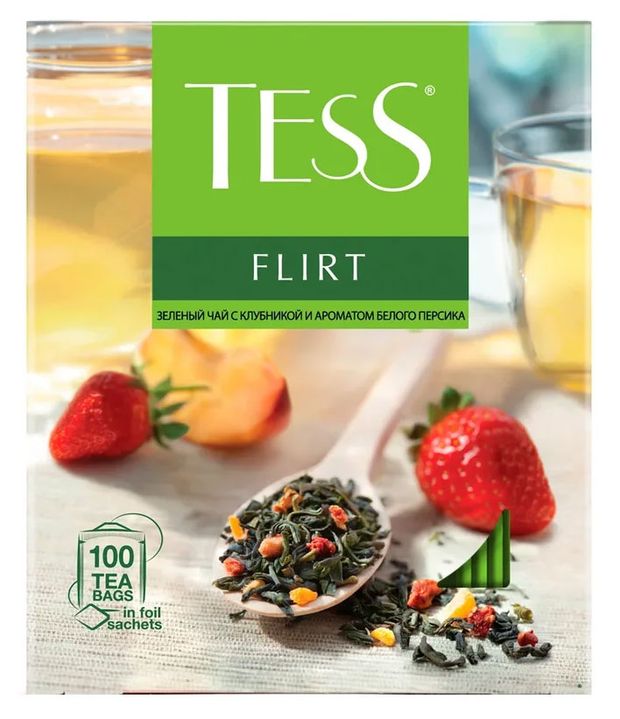 

Чай зеленый Tess Flirt с клубникой и ароматом белого персика 100 х 1.5 г