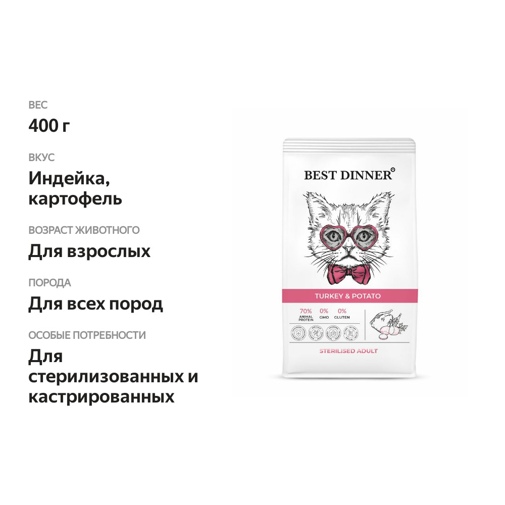 

Сухой корм для кошек Best Dinner Sterilised Adult Turkey & Potato Индейка с картофелем 400 г
