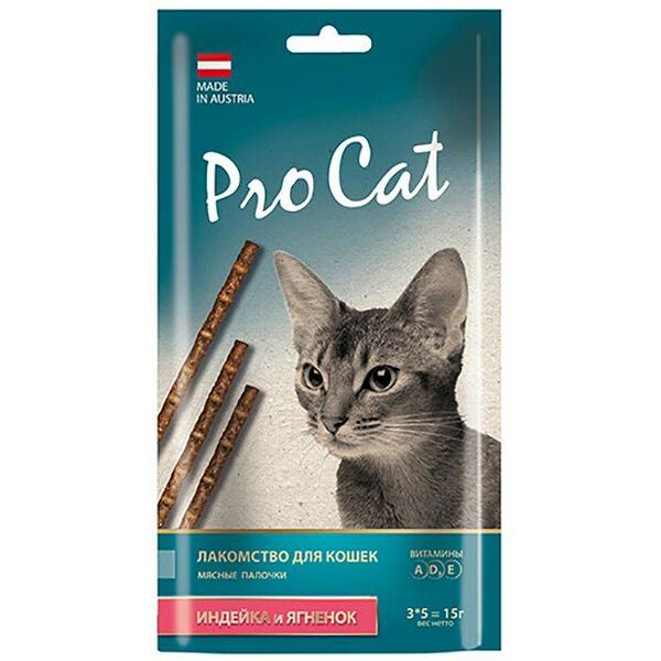 Лакомство для кошек PRO CAT Лакомые палочки с индейкой и ягненком 13,5 см. (3 шт х 5 г.) 15 г.