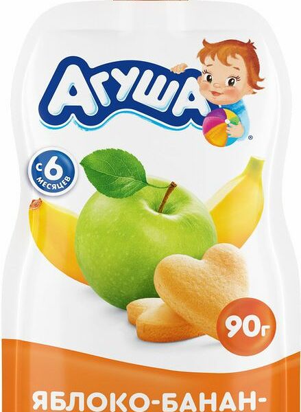 Пюре фруктовое Агуша Яблоко-Банан-Печенье с 6 мес. 90г