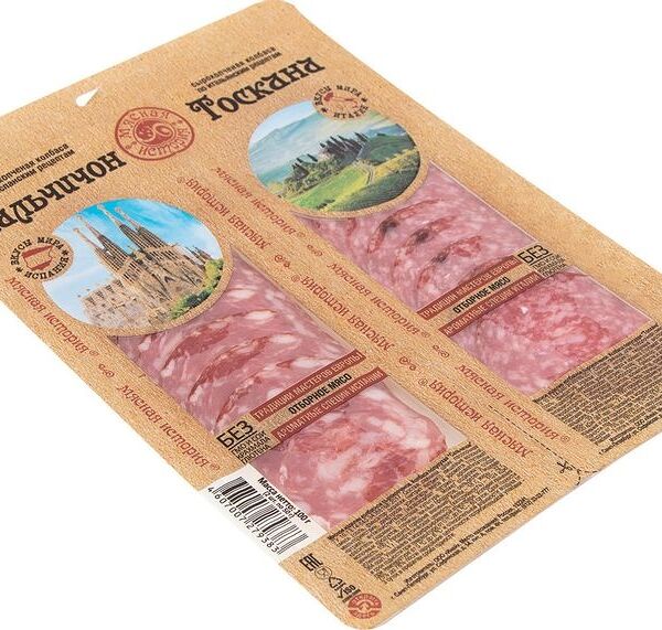 Колбаса сырокопченая Иней, ассорти Сальчичон и Тоскана, нарезка