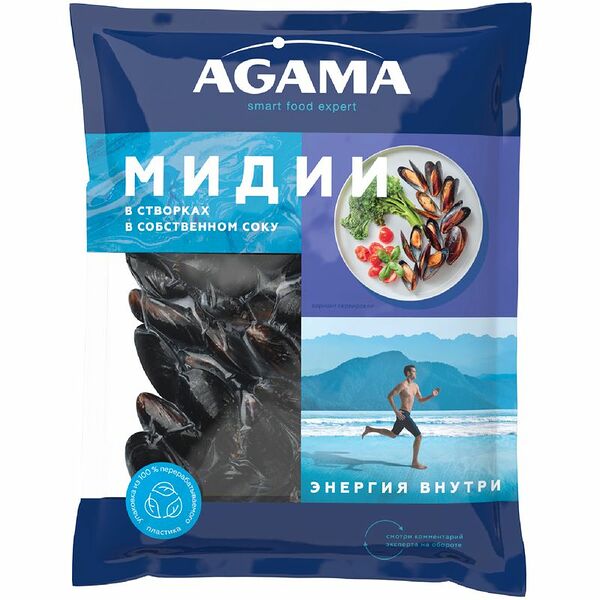 Мидии в створках Agama в собственном соку варёно-мороженые, 450г